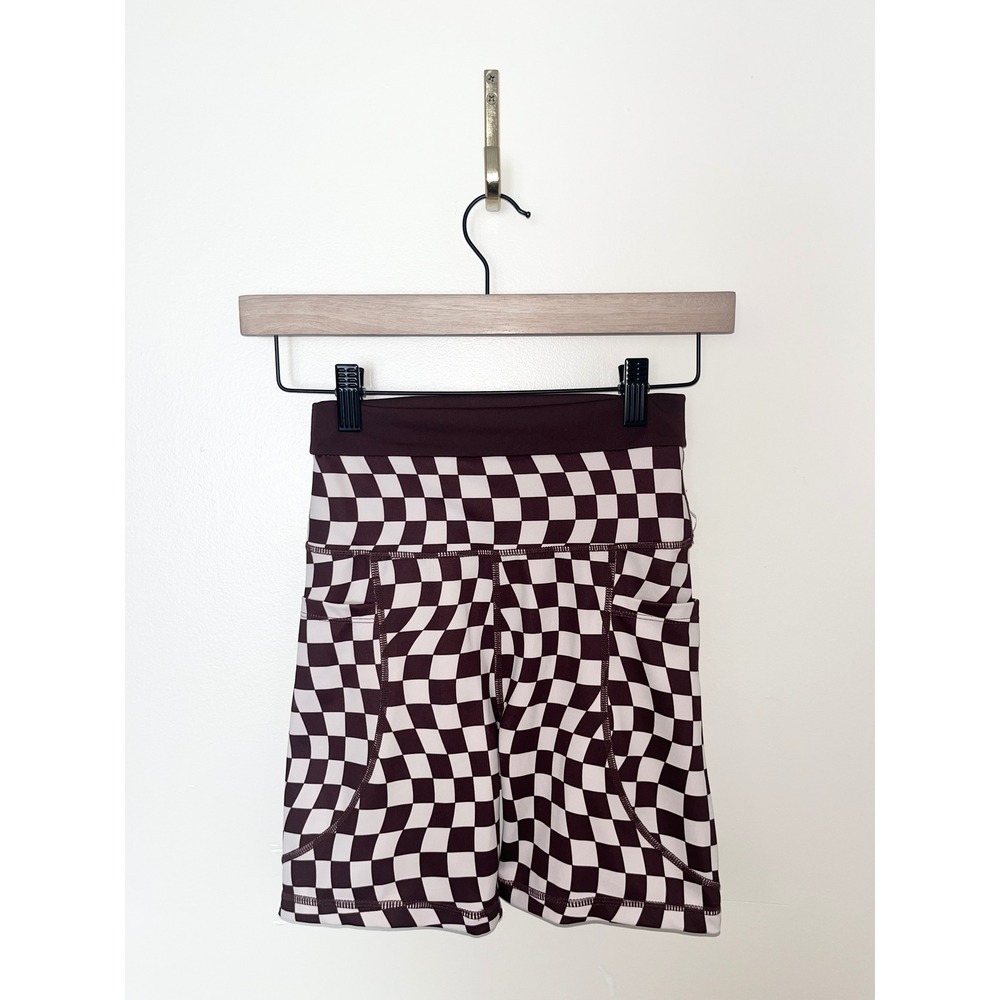 Wilo The Label Brown Checkered Biker Shorts Side Pockets Workout Gym Shorts | XS